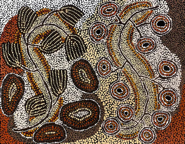 Wangunu (Bush Damper Seed) and Ili (Wild Fig) by Alison Munti Riley, 2023, acrylic on Belgian linen, 90 x 120 cm