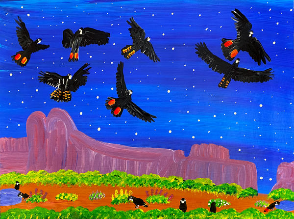 Red-bums flying in the blue starry sky by Kukula McDonald
