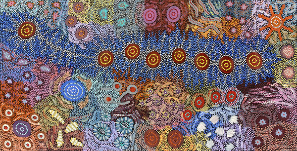 Seven Sisters & Grandmother's Country by Michelle Possum Nungurrayi, 2024, acrylic on canvas, 80 x 160 cm