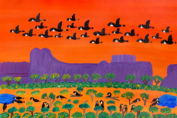 Red-bums Having A Drink Then Flying Home by Kukula McDonald, 2024, acrylic on linen, 60 x 90 cm