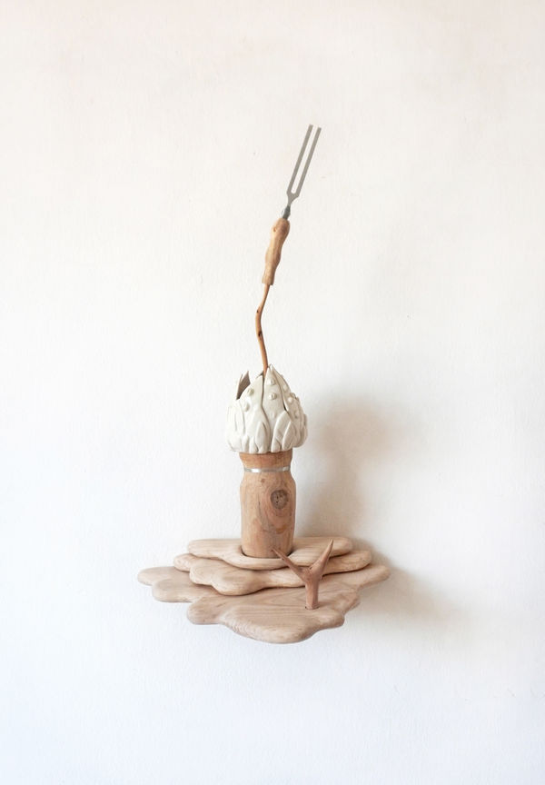 Barbara Wildenboer An Ancient Conversation V (512Hz), 2026 Oak, olive, yellowwood, porcelain, silver thread, tuning fork+ 65 x 29 x 40cm