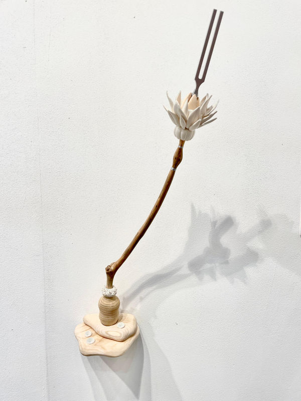 Barbara Wildenboer An Ancient Conversation VI (288 Hz), 2026 Oak, cedar, pine, yellowwood, porcelain, silver thread, tuning fork 73 x 12 x 16cm