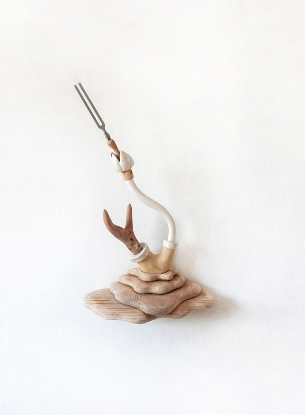 Barbara Wildenboer An Ancient Conversation II (384 Hz), 2026 Oak, fig, olive, yellowwood, porcelain, silver thread, tuning fork 54 x 19 x 36cm