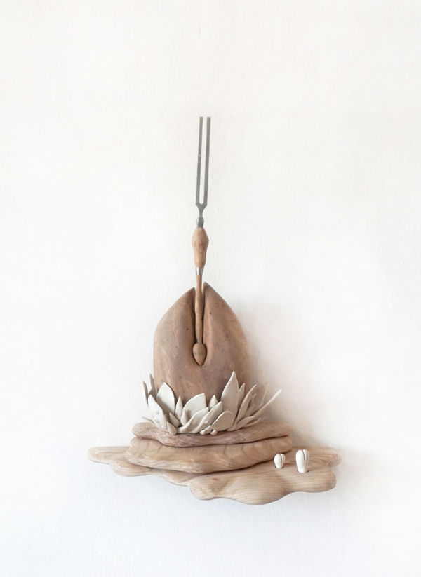 Barbara Wildenboer An Ancient Conversation I (256 Hz), 2026 Oak, olive, yellowwood, porcelain, silver thread, tuning fork 58 x 26 x 44cm