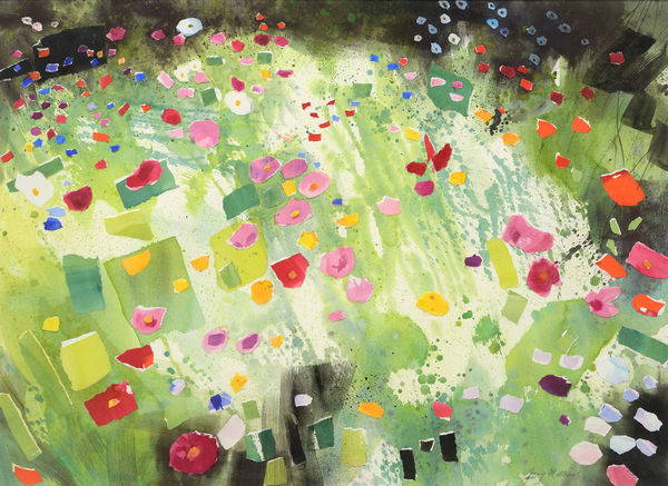 Jenny Matthews RSW Flower Border Watercolour & collage 22 x 30 "