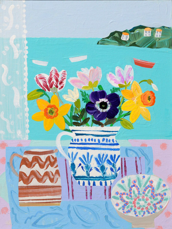 Emma Williams Spring Flowers Porthminster view, 2022 Acrylic on canvas panel 12 x 9 "