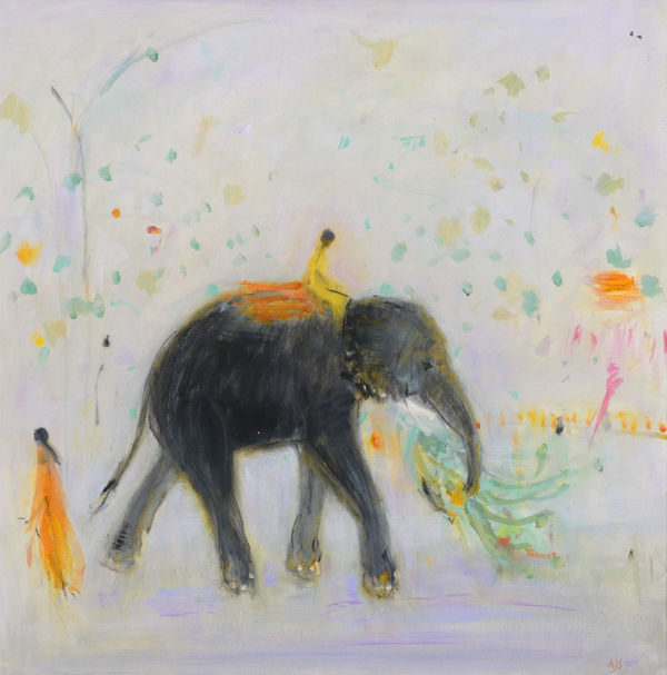 Ann Shrager NEAC Elephant Carrying Leaves Oil on canvas 24 x 24 "