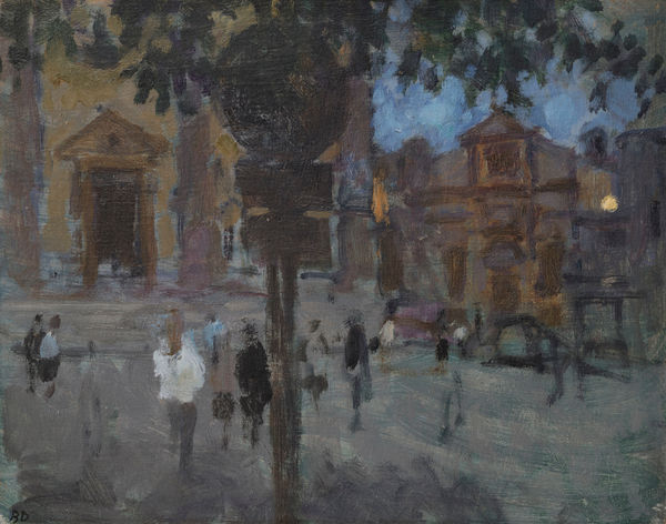 Bernard Dunstan RA - Sinalunga, Evening, (Piazza Giuseppe Garibaldi), 3/75