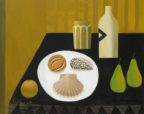 Mary Fedden OBE RA PPRWA Shells, Fruit and Bottles S/d 2009 Oil on canvas 24 x 30 "