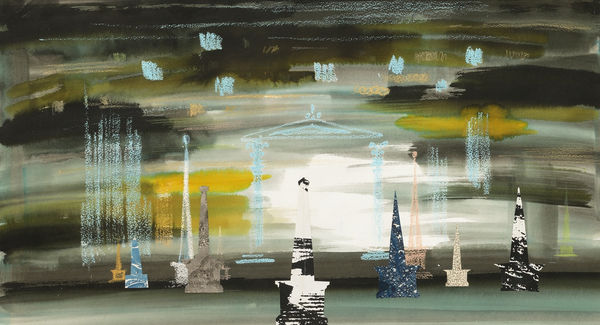 John Piper CH Obelisks Watercolour, collage and wax 16 x 30 "
