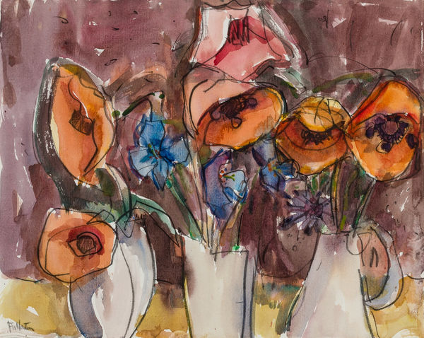 James Fullarton Red and Blue Poppies Watercolour 16 x 20 " 40.6 x 50.8 cm