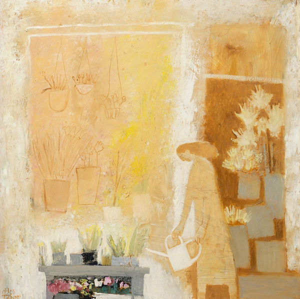 Helen Tabor The Florist's Window, Spring Bulbs Oil on board 23 x 23 "