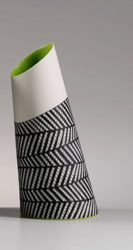 Lara Scobie Tilted Vessel with Chartreuse Interior I Fine Parian Porcelain with hand inscribed drawing and sgraffito decoration in vitrified slip 11 x 4 x 5 "