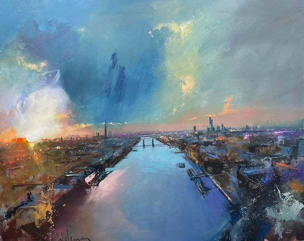 Peter Wileman FROI RSMA FRSA Last Light Over the Thames Oil on canvas 31.5 x 39.5 "