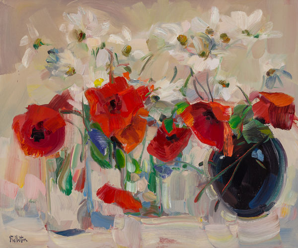 James Fullarton Poppies with Black Vase Oil on linen 20 x 24 " 50.8 x 61 cm