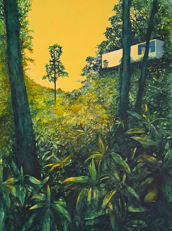 Teresa Lawler RI Hinterland - The House Above the Forest Watercolour, gouache and ink 20 x 18 "