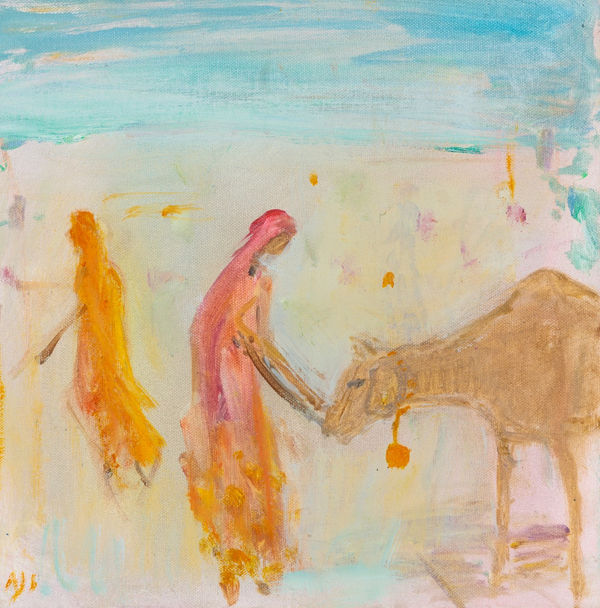 Ann Shrager NEAC Ladies and Holy Cow Oil on canvas 12 x 12 "