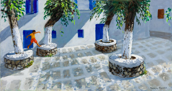 Andrew Macara RBA NEAC Four Trees, Mykanos Town, Greece Oil on linen canvas 16 x 30 "