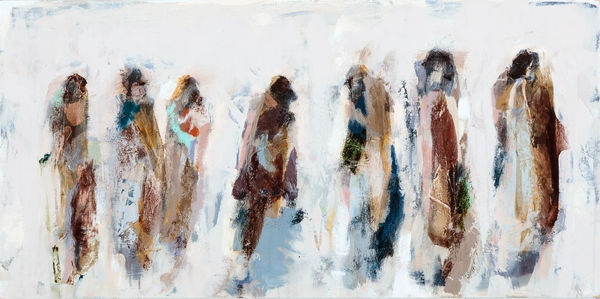 Ben Lowe Mother Figures Oil on panel 16" x 32"