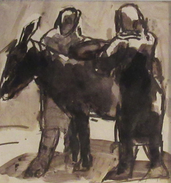 Josef Herman OBE RA Two Women with a Donkey Ink 6 x 6 "