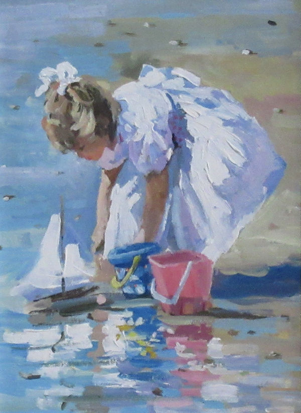Sherree Valentine-Daines Girl on a Beach with a Boat Oil on board 8 x 6 "