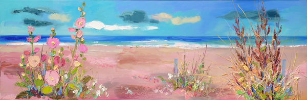Judith Bridgland Hollyhocks and Grasses, Aldeburgh Beach Oil on linen 16 x 48 "