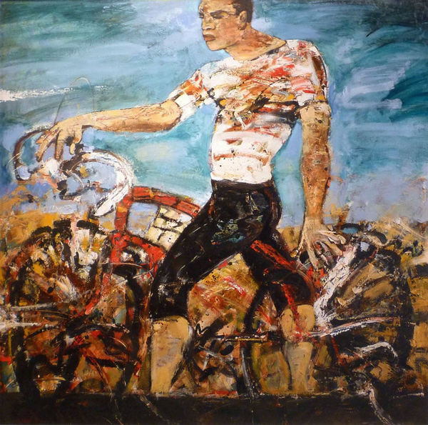 Peter McLaren The Cyclist Oil on board 48 x 48 "