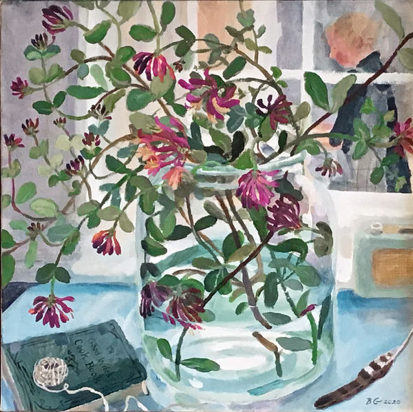 Brita Granström Self-portrait with Honeysuckle and Hawk Feather Acrylic on canvas 19.5 x 19.5 "