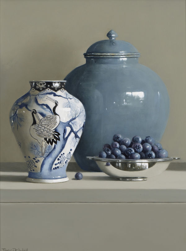 Tony de Wolf Blueberries and Crane Vase Oil on board 16 x 12 "