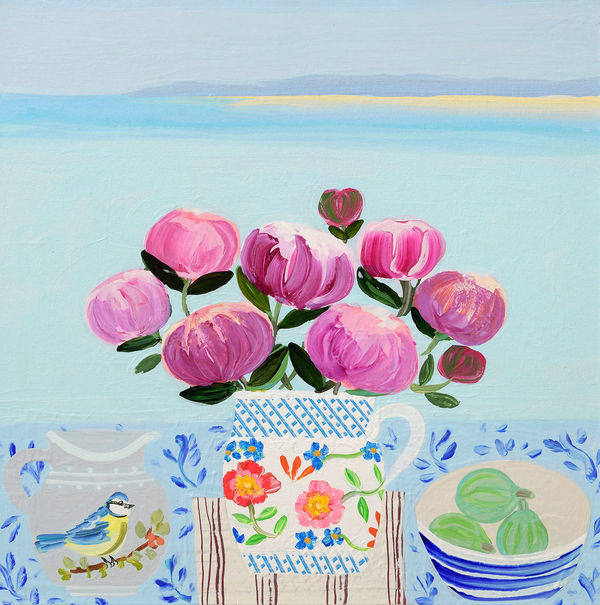 Emma Williams Peonies and Figs, 2022 Acrylic on canvas panel 16 x 16 "