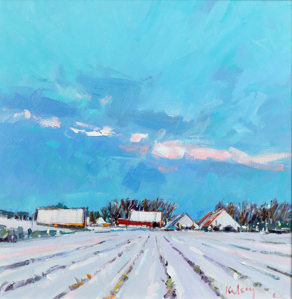 Robert Kelsey DA MUniv PAI FRSA Suffolk Fields, Under Snow Oil on linen 16 x 16 "