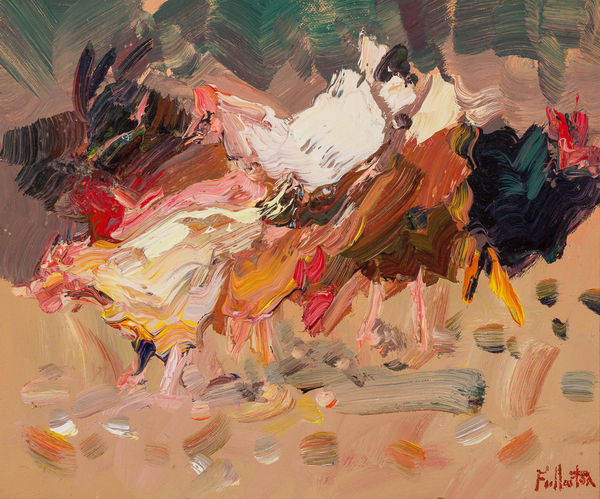 James Fullarton Feeding Hens Oil on board 10 x 12 " 25.4 x 30.5 cm