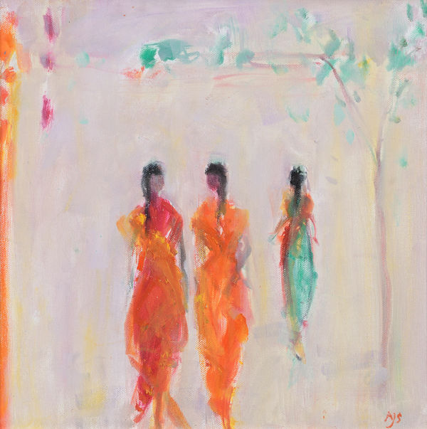 Ann Shrager NEAC Three Ladies Walking Oil on canvas 12 x 12 "