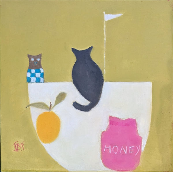 Irene McCann The Owl and The Pussycat Oil on linen 12 x 12 "