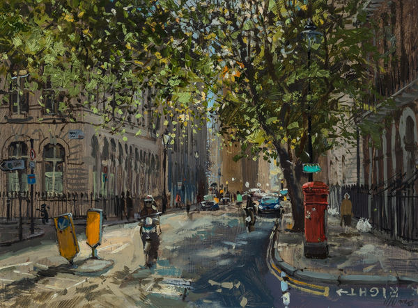 Nick Grove RSMA A Morning Ride, London Oil on board 12 x 16 "