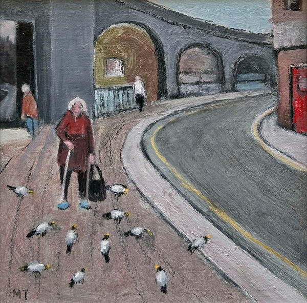 Malcolm Taylor Feeding The Pigeons Mixed media 11.5 x 11.5 "