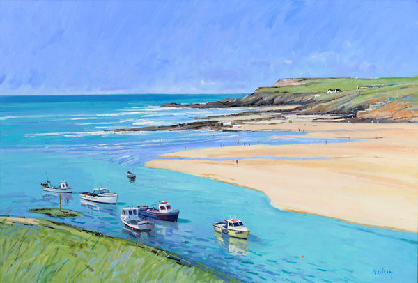Robert Kelsey DA MUniv PAI FRSA Fishing Boats at Bude Oil on linen 24 x 36 "