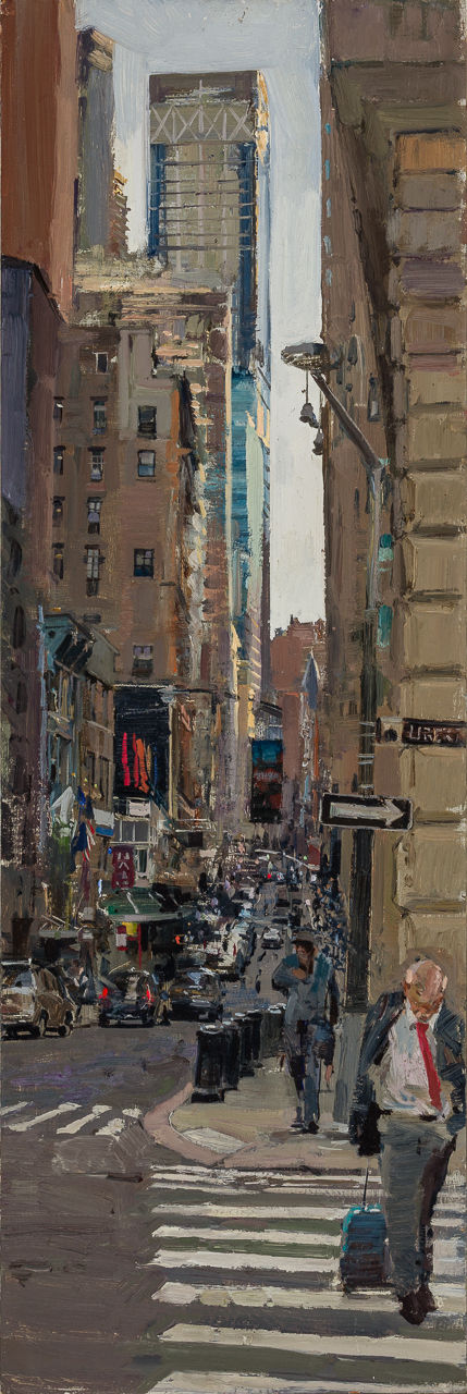 Peter Brown PNEAC PS ROI RP Hon RBA Corner of the Fedeal Reserve Bank down Nassau Street, New York Oil on board 24 x 8 "