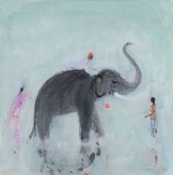 Ann Shrager NEAC Elephant with Mahout and Two Figures in a Pool Oil on canvas 16 x 16 "