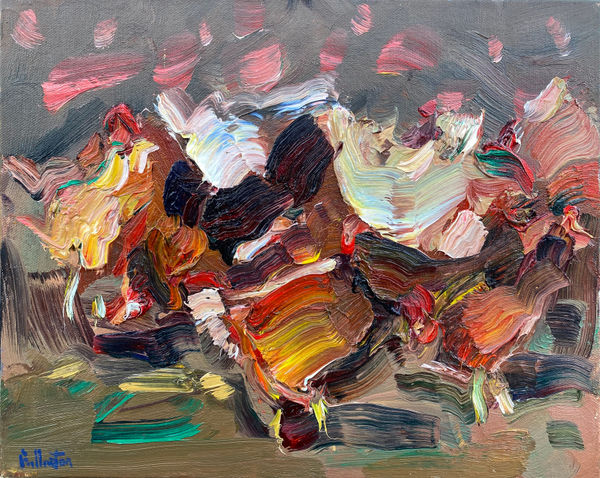 James Fullarton Brown Hens Oil on board 10 x 12 " 25.4 x 30.5 cm