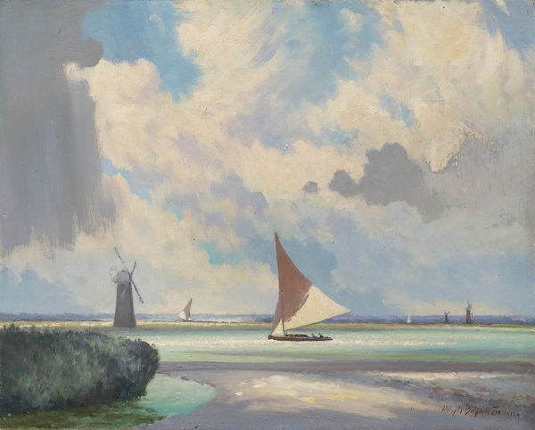 Hugh Boycott Brown RSMA On the Broads Oil on board 16 x 20 "