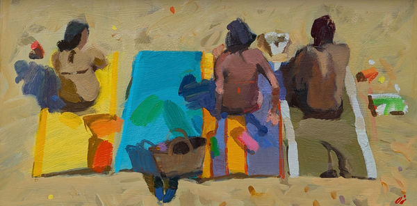 Jacqueline Orr RSW RGI PAI Beach Party Oil on board 10 x 20 "