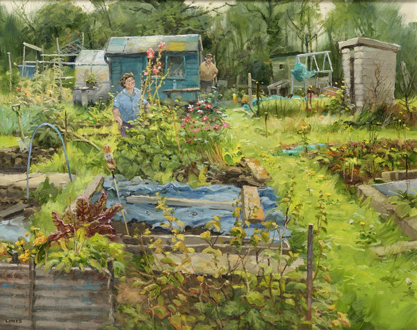 John Lines RBSA RSMA KAS Last of the Hollyhocks Oil on canvas 18 x 22 "