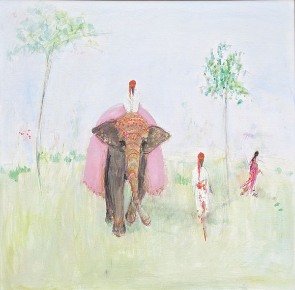 Ann Shrager NEAC, Elephant in Nettipattam with Two Mahouts and Woman in Sari