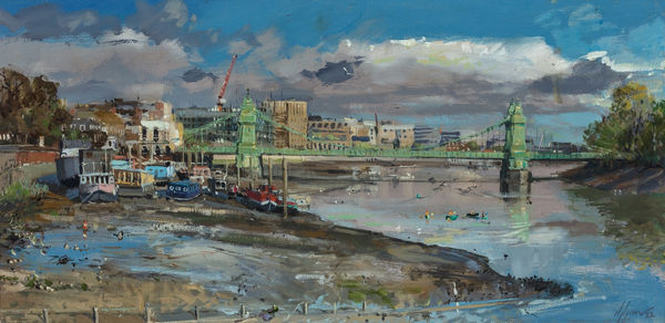 Nick Grove RSMA Hammersmith Bridge from Upper Mall Oil on board 12 x 24 "