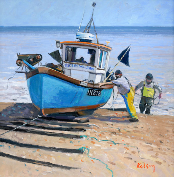 Robert Kelsey DA MUniv PAI FRSA Fishermen on Aldeburgh Beach Oil on linen 16 x 16 "