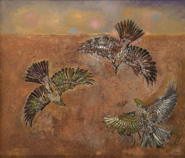 Gail Catlin Birds in Flight Orange Liquid crystal/mixed media on board, museum glass 43 x 49 "