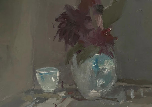Rachel Arif AMAFA Purple Flowers and Vintage Staffordshire Pottery Oil on Fabriano Paper 11 x 8 "