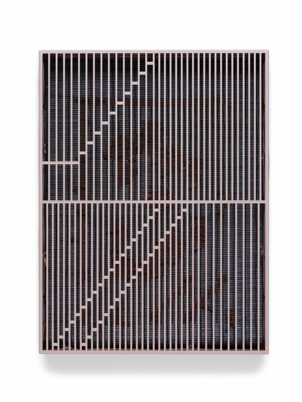 Suki Seokyeong Kang (1977–2025) Mat 61 x 81 #22-56, 2019-2022 Painted steel, woven-dyed Hwamunseok, thread, wood frame, brass bolt, and leather scraps 32 1/4 x 24 1/4 x 3 1/4 in 81.9 x 61.6 x 8.3 cm