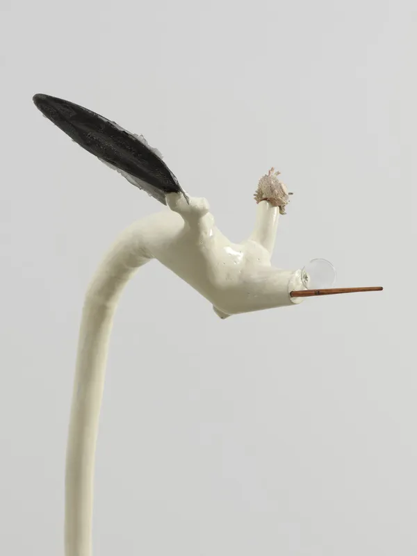 Minouk Lim (b. 1968) Feature Detector, 2022 Wood cane, epoxy resin, glass ball, hermit crab shell, wood stick, metal plate Dimensions: 70 1/8 x 11 3/4 x 18 7/8 inches 178 x 30 x 48 cm Metal Plate Dimensions: 12 x 10 inches 30.5 x 25.4 cm